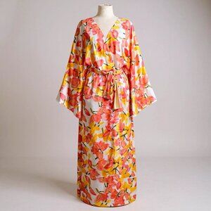 Vintage Natori Womens Robe Sz Large Orange Yellow Watercolor Floral Satin Luxury